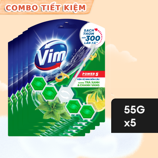 Ảnh của Combo 5 Vỉ Viên Tẩy Bồn Cầu Vim Power 5 Hương Trà Xanh Chanh Vàng 55g