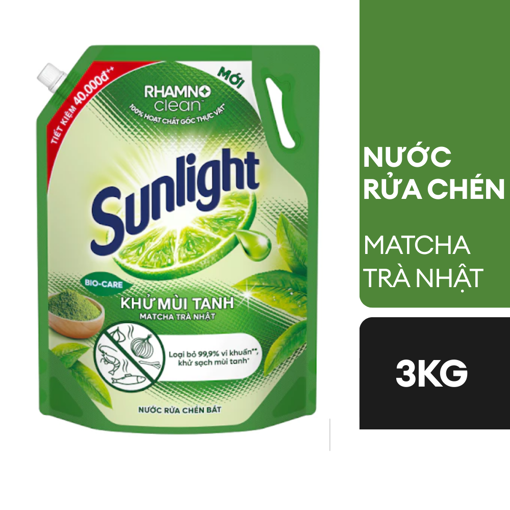 Ảnh của Nước rửa chén Sunlight Khử Mùi Tanh Matcha Trà Nhật túi 3kg
