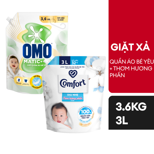 Ảnh của Combo Nước giặt OMO Cho Quần Áo Bé Yêu 3.6kg + Nước xả vải Comfort Mềm vải dịu nhẹ Thơm hương phấn 3l