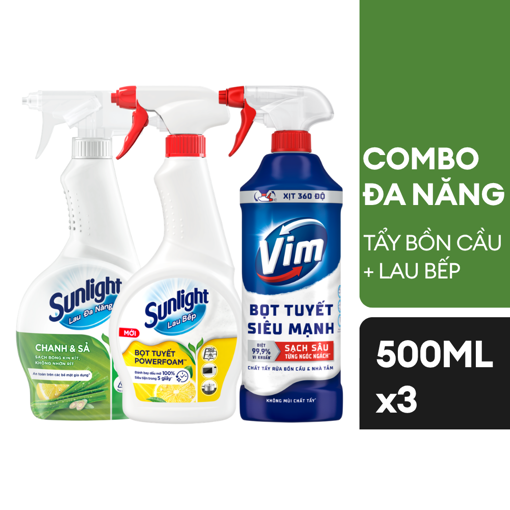 Ảnh của Combo đa năng gồm Bọt tuyết Đa năng Vim Tẩy bồn cầu và Nhà vệ sinh 500ml + Nước lau đa năng Sunlight Chanh & Sả 500ml + Xịt lau bếp Bọt tuyết Sunlight Powerfoam 500ml