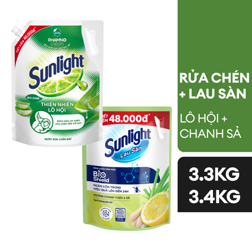 Ảnh của Combo Nước lau sàn Sunlight Tinh dầu Thảo mộc Sả Chanh túi 3.4kg + Nước rửa chén Sunlight Thiên nhiên Muối khoáng và Lô hội túi 3.3kg