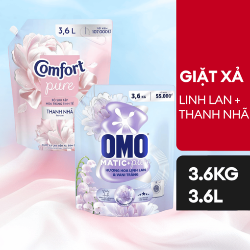 Ảnh của [Combo Giặt Xả] Nước giặt OMO Cửa trước hương Hoa Linh Lan & Vani Trắng 3.6kg + Nước xả vải Comfort Hoa Trắng Thanh Nhã 3.6l